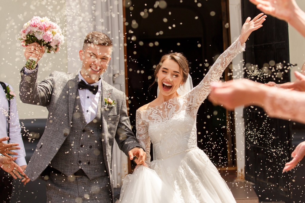 Happy wedding photo of bride and groom in marriage 